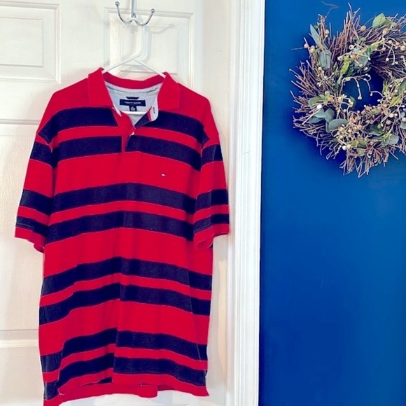 Men’s Tommy Hilfiger Red & Blue Stripe Short Sleeve Rugby Polo Size XL - Picture 1 of 6